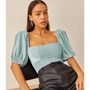 Reformation Luka Velvet Top In Sky Light Blue